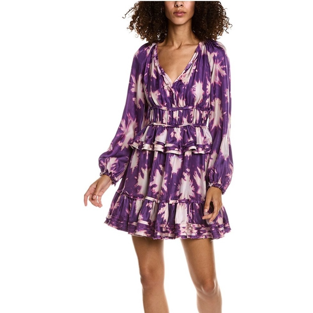 Ulla Johnson Emery Silk Ruffle Long Sleeve Mini Dress Purple Shibori Size 0 NWOT
